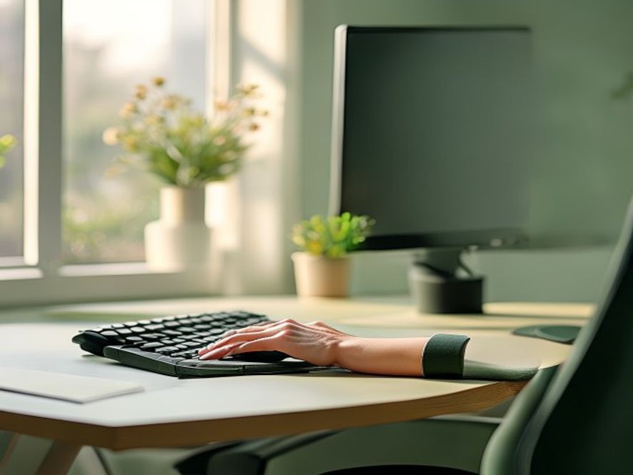 Close-up van ergonomische bureauopstelling met monitor op juiste hoogte, toetsenbord en rustende pols
